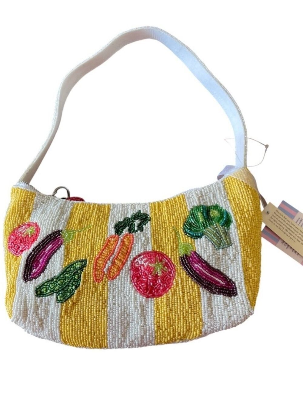 Handcrafted in India Handbeaded Vegetable Bag Yellow & White Striped Strawberry